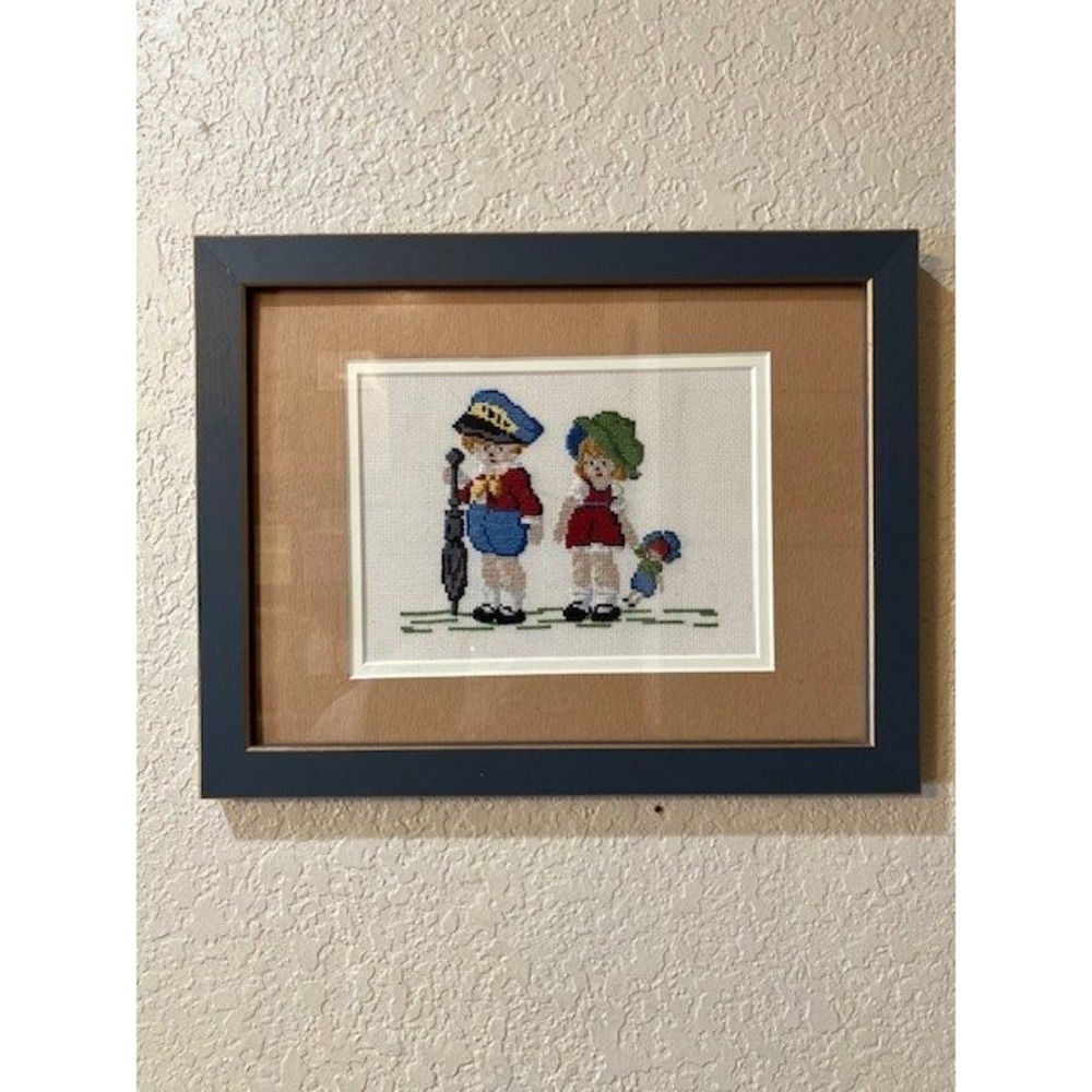 Wood Framed Needlepoint‎ Art Boy Pogo Stick Girl Doll Picture 13.5x10.5